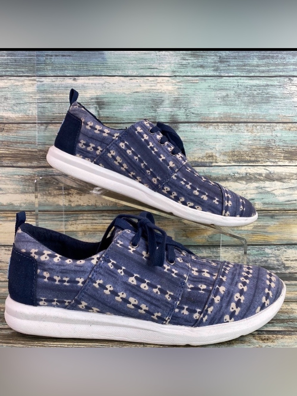 TOMS Del Rey Fashion Sneakers Tennis Shoes Womens Sz 7.5 Blue Printed Canvas